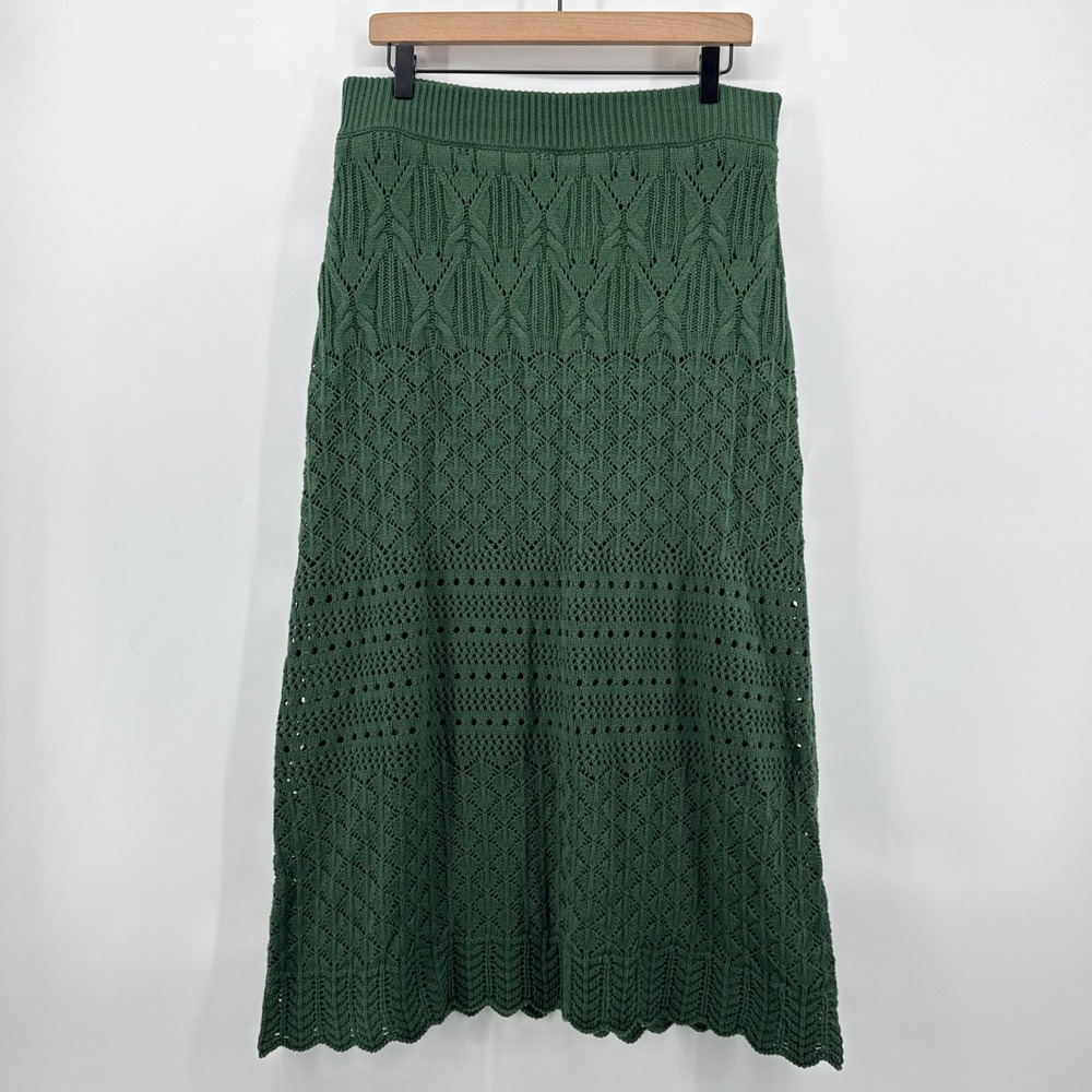 NEW House of Harlow 1960 Green Knit Midi Skirt Crochet Lace Trim Boho Size Large - Picture 1 of 8